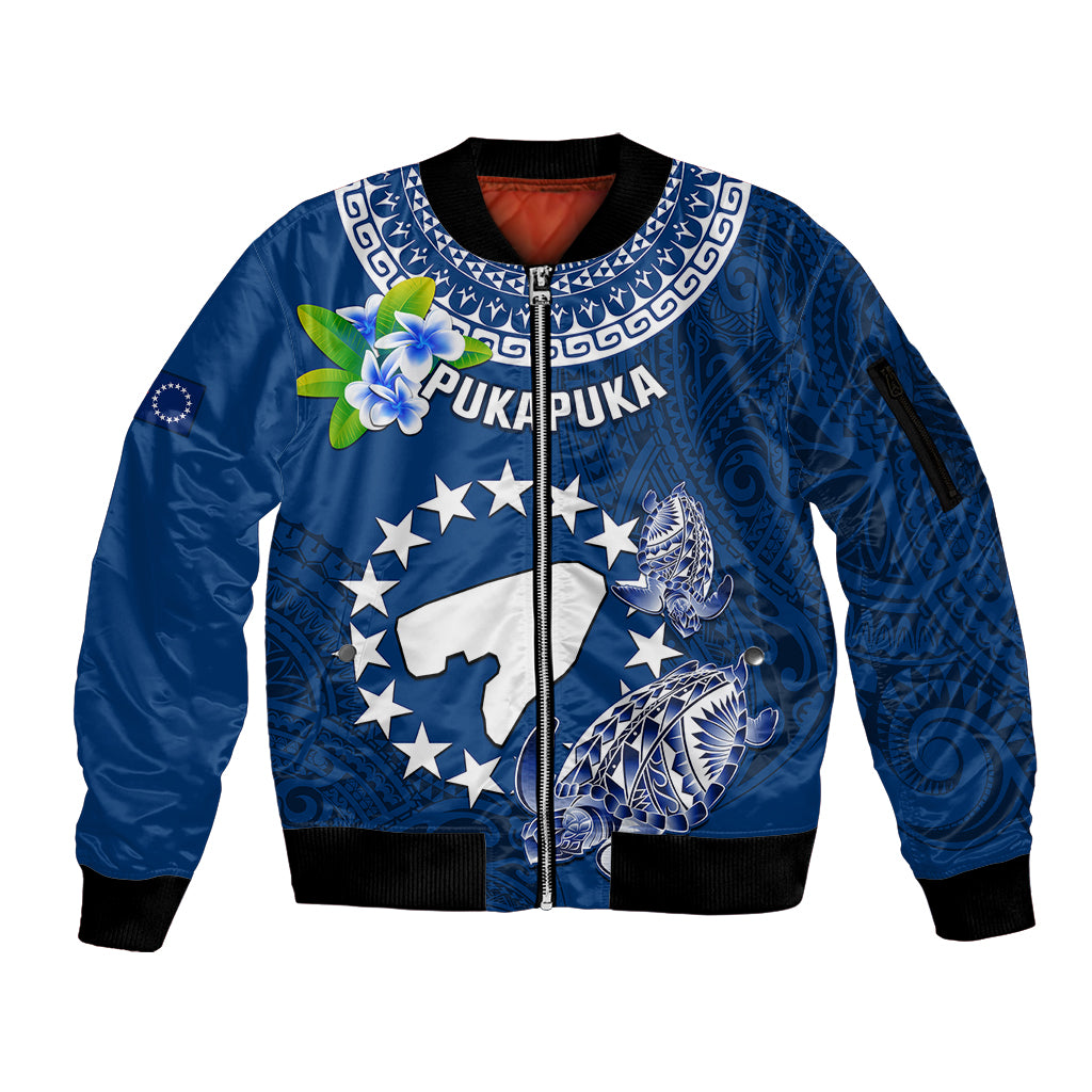Personalized Cook Islands Pukapuka Sleeve Zip Bomber Jacket Coat Of Arms Plumeria Polynesian Turtle LT05 Unisex Blue - Polynesian Pride