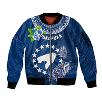 Personalized Cook Islands Pukapuka Sleeve Zip Bomber Jacket Coat Of Arms Plumeria Polynesian Turtle LT05 Unisex Blue - Polynesian Pride