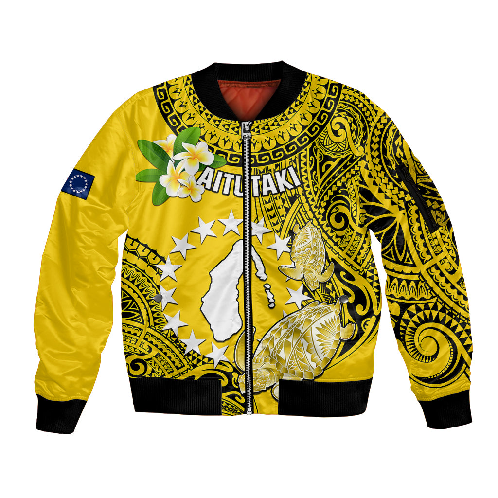 Cook Islands Aitutaki Sleeve Zip Bomber Jacket Coat Of Arms Plumeria Polynesian Turtle LT05 Unisex Yellow - Polynesian Pride