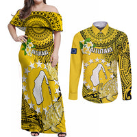 Personalized Cook Islands Aitutaki Couples Matching Off Shoulder Maxi Dress and Long Sleeve Button Shirts Coat Of Arms Plumeria Polynesian Turtle LT05 Yellow - Polynesian Pride