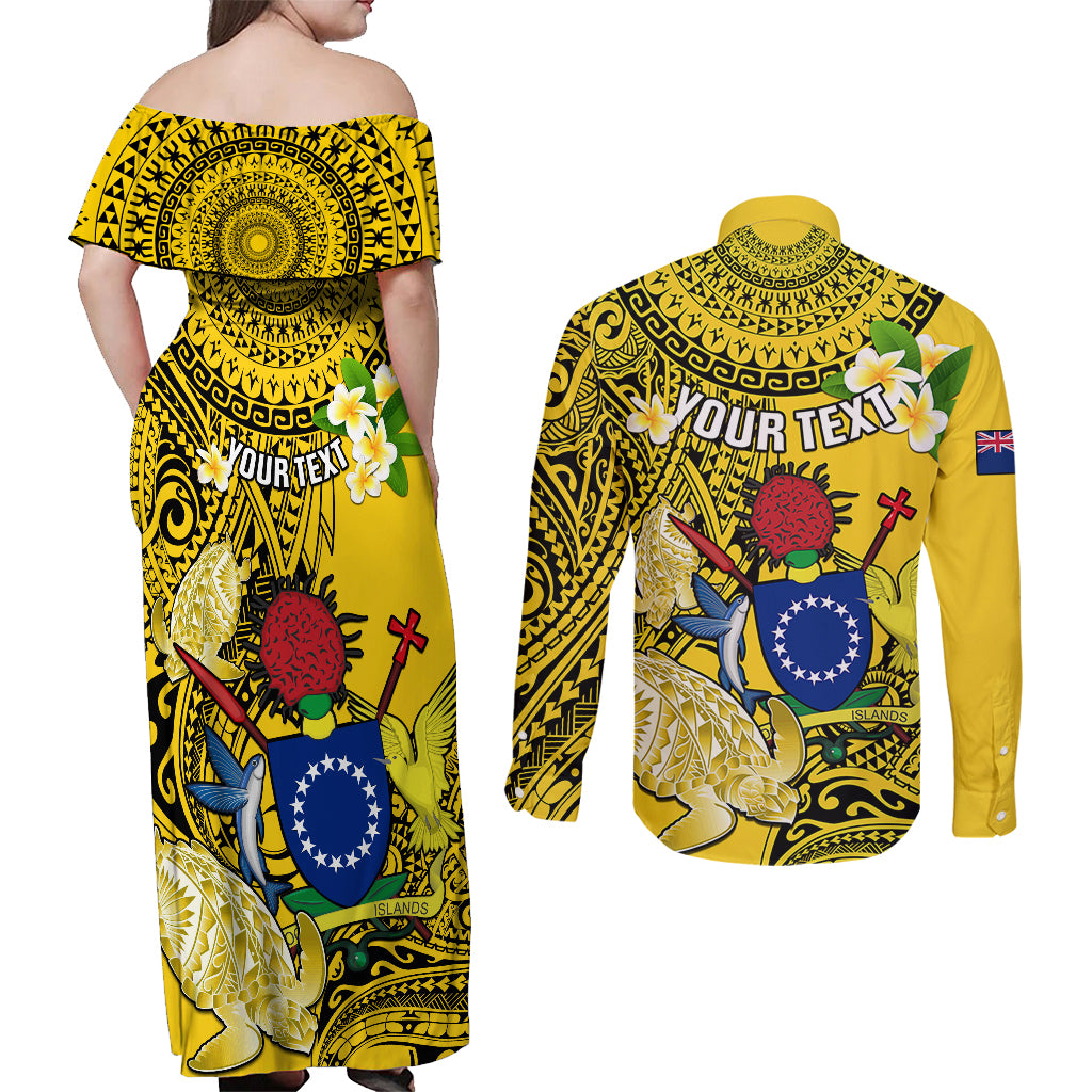 Personalized Cook Islands Aitutaki Couples Matching Off Shoulder Maxi Dress and Long Sleeve Button Shirts Coat Of Arms Plumeria Polynesian Turtle LT05 - Polynesian Pride