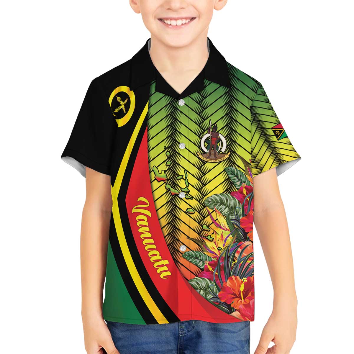 Vanuatu Constitution Day Family Matching Off The Shoulder Long Sleeve Dress and Hawaiian Shirt Long Live Vanuatu - Polynesian Pride