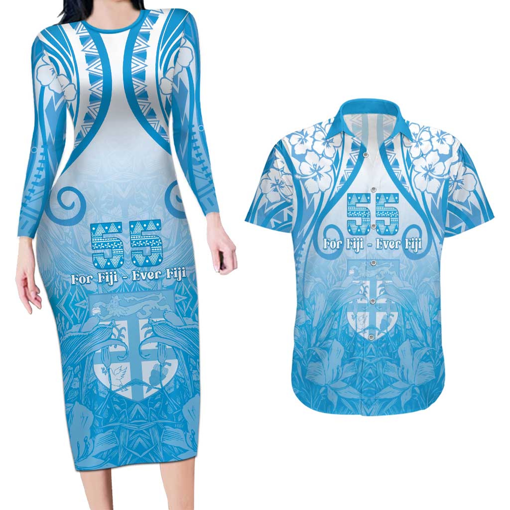 Fiji Day Couples Matching Long Sleeve Bodycon Dress and Hawaiian Shirt 55th Anniversary Forever Fiji - Polynesian Pride