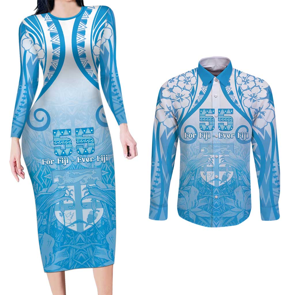 Fiji Day Couples Matching Long Sleeve Bodycon Dress and Long Sleeve Button Shirt 55th Anniversary Forever Fiji - Polynesian Pride