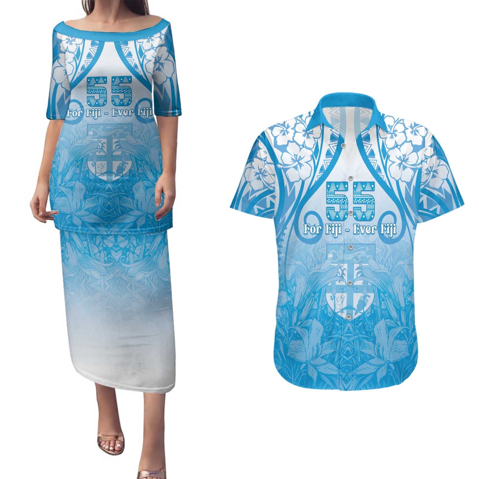 Fiji Day Couples Matching Puletasi and Hawaiian Shirt 55th Anniversary Forever Fiji - Polynesian Pride
