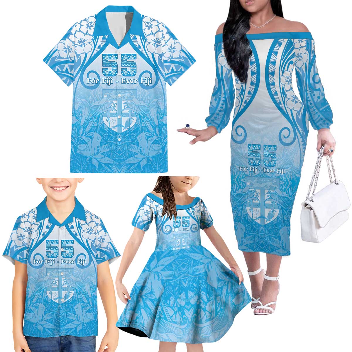 Fiji Day Family Matching Off The Shoulder Long Sleeve Dress and Hawaiian Shirt 55th Anniversary Forever Fiji - Polynesian Pride