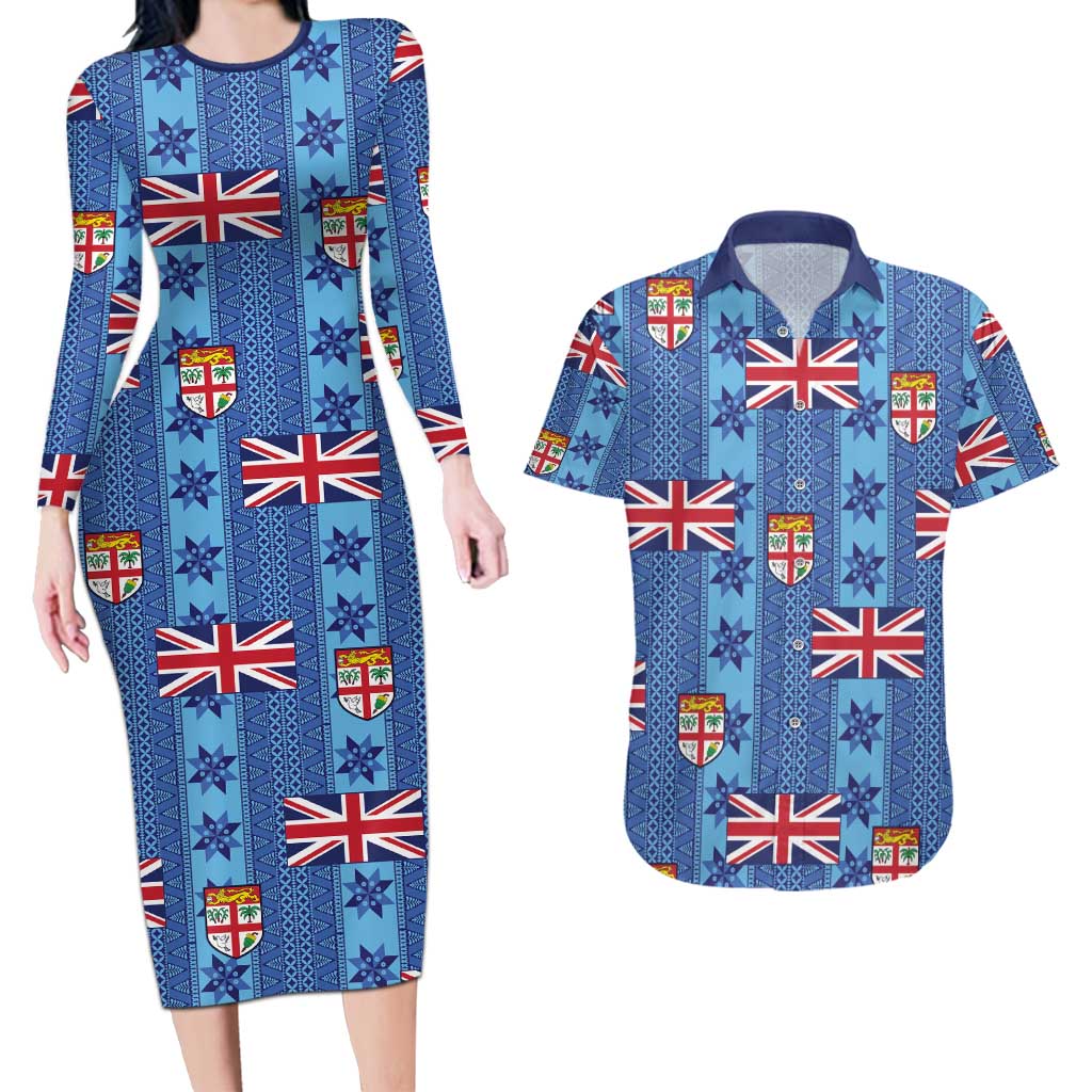 Fiji Masi Tapa Couples Matching Long Sleeve Bodycon Dress and Hawaiian Shirt Coat Of Arms - Polynesian Pride