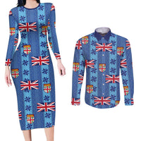 Fiji Masi Tapa Couples Matching Long Sleeve Bodycon Dress and Long Sleeve Button Shirt Coat Of Arms - Polynesian Pride