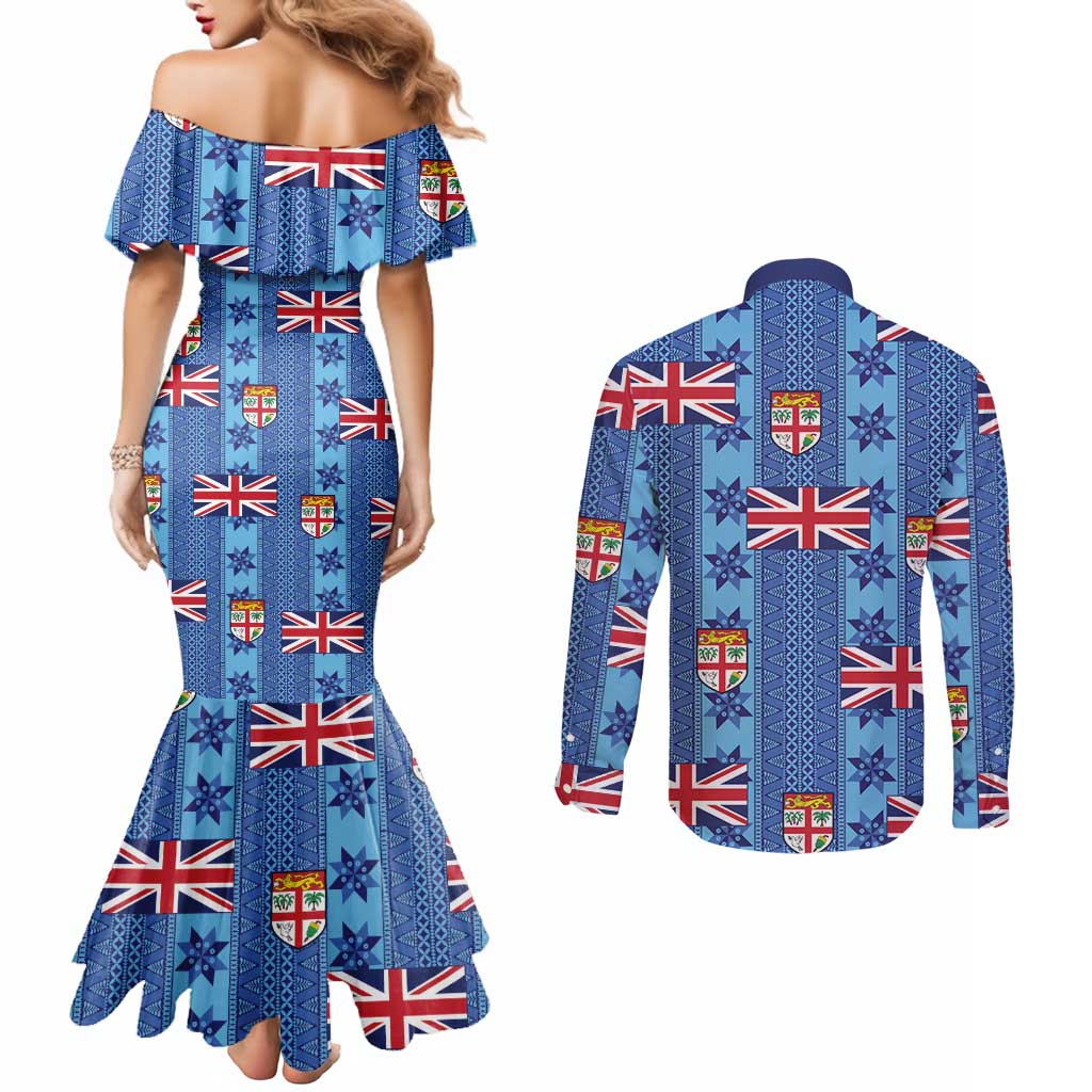 Fiji Masi Tapa Couples Matching Mermaid Dress and Long Sleeve Button Shirt Coat Of Arms - Polynesian Pride