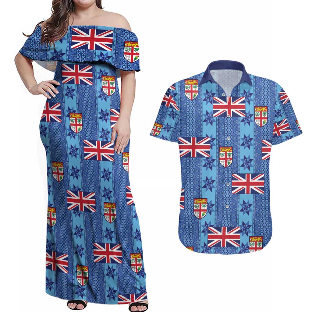 Fiji Masi Tapa Couples Matching Off Shoulder Maxi Dress and Hawaiian Shirt Coat Of Arms - Polynesian Pride