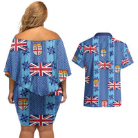 Fiji Masi Tapa Couples Matching Off Shoulder Short Dress and Hawaiian Shirt Coat Of Arms - Polynesian Pride