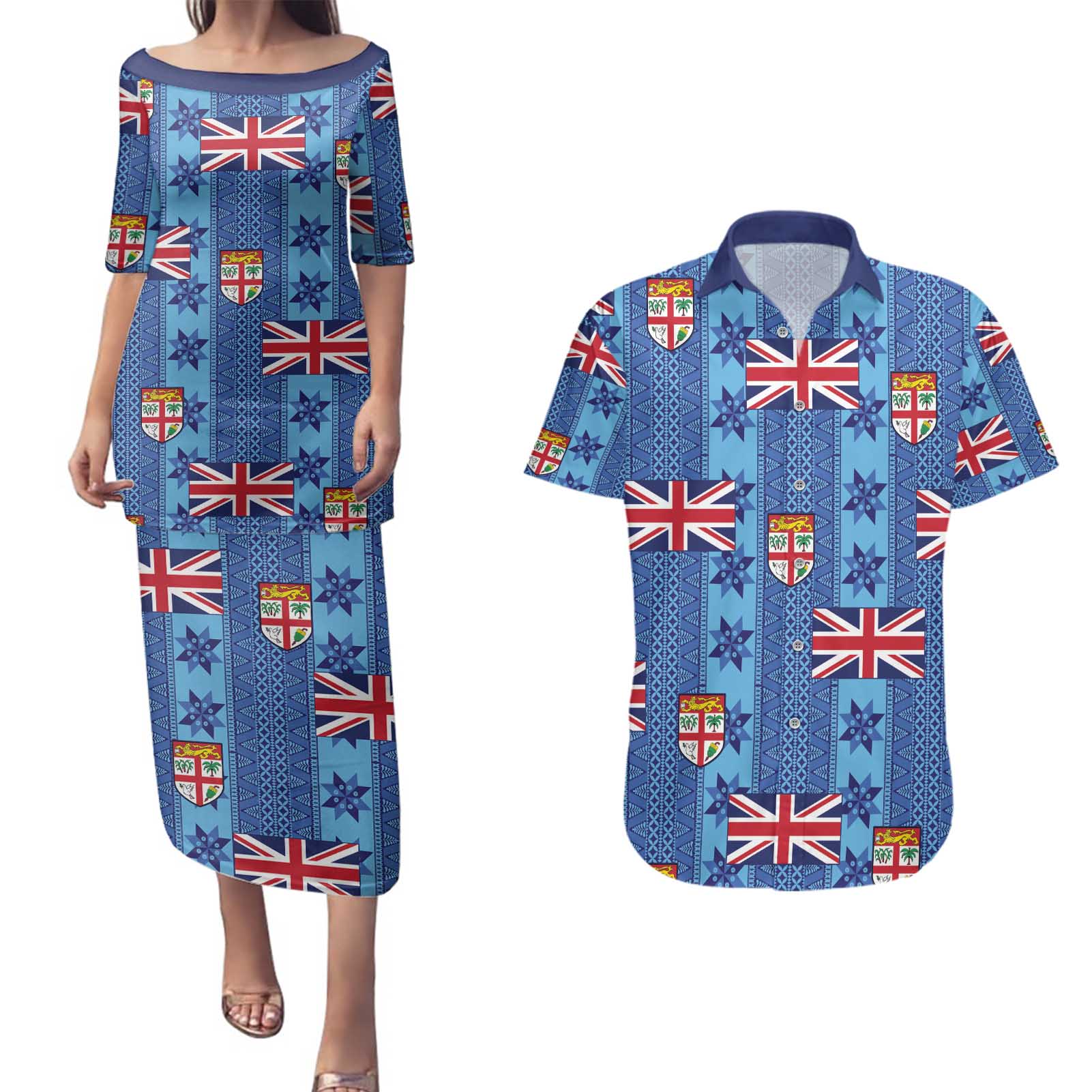 Fiji Masi Tapa Couples Matching Puletasi and Hawaiian Shirt Coat Of Arms - Polynesian Pride