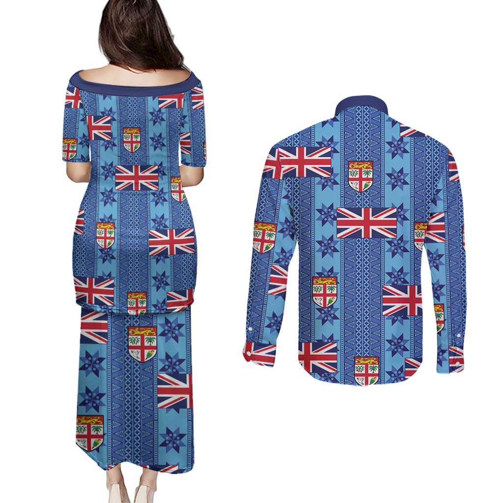 Fiji Masi Tapa Couples Matching Puletasi and Long Sleeve Button Shirt Coat Of Arms - Polynesian Pride