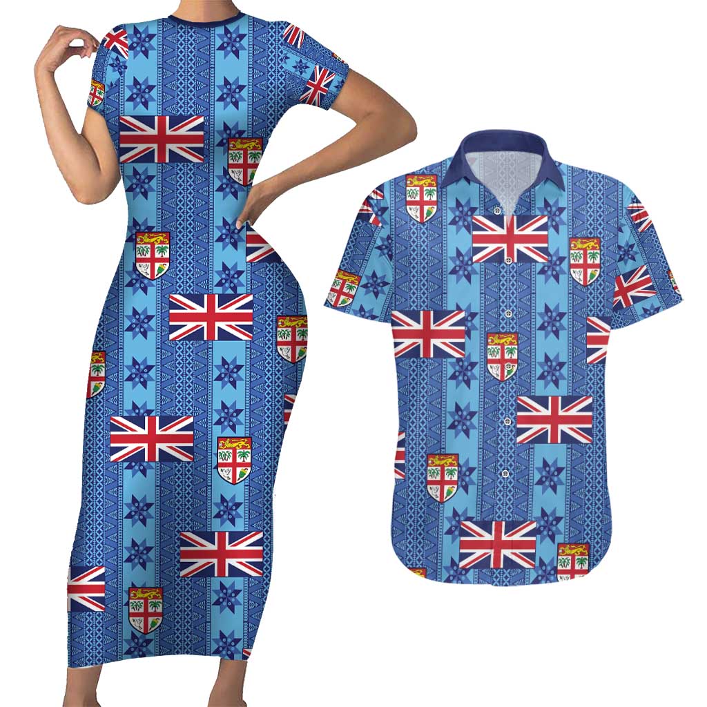 Fiji Masi Tapa Couples Matching Short Sleeve Bodycon Dress and Hawaiian Shirt Coat Of Arms - Polynesian Pride