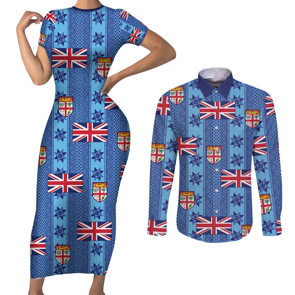 Fiji Masi Tapa Couples Matching Short Sleeve Bodycon Dress and Long Sleeve Button Shirt Coat Of Arms - Polynesian Pride