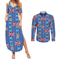 Fiji Masi Tapa Couples Matching Summer Maxi Dress and Long Sleeve Button Shirt Coat Of Arms - Polynesian Pride