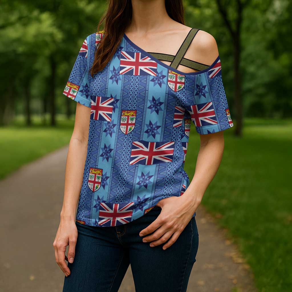 Fiji Masi Tapa Cross Shoulder Shirt Coat Of Arms - Polynesian Pride