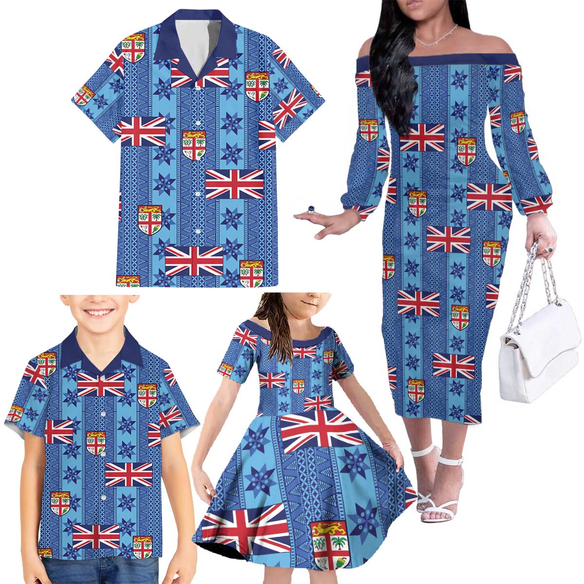 Fiji Masi Tapa Family Matching Off The Shoulder Long Sleeve Dress and Hawaiian Shirt Coat Of Arms - Polynesian Pride
