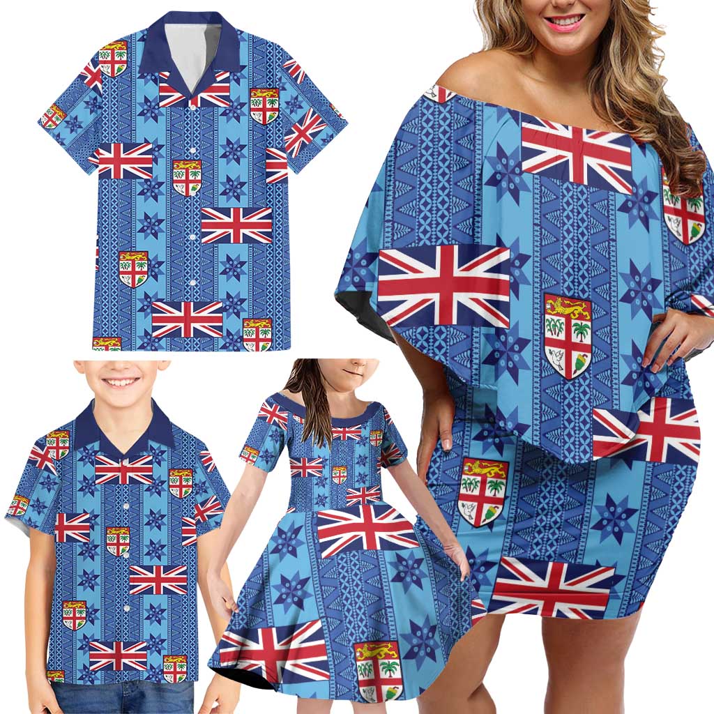 Fiji Masi Tapa Family Matching Off Shoulder Short Dress and Hawaiian Shirt Coat Of Arms - Polynesian Pride