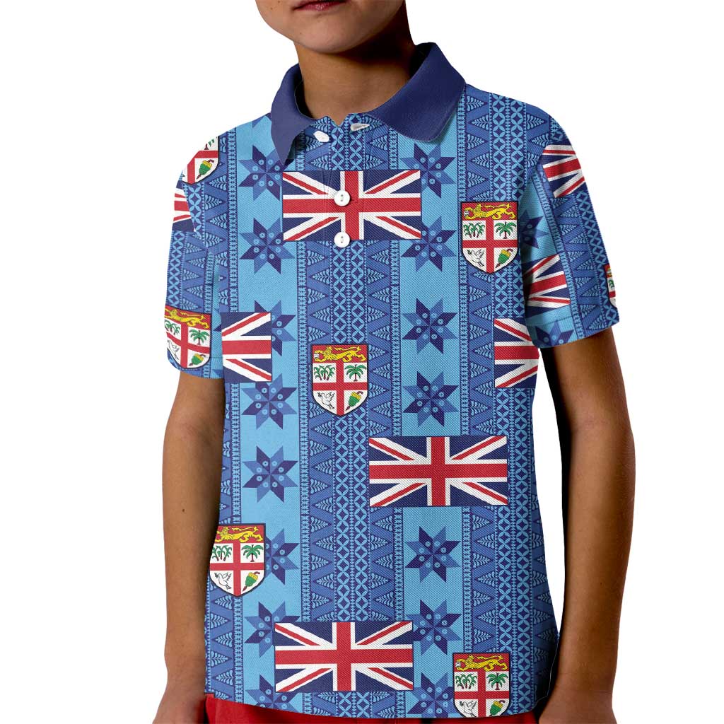 Fiji Masi Tapa Kid Polo Shirt Coat Of Arms LT05 Kid Blue - Polynesian Pride