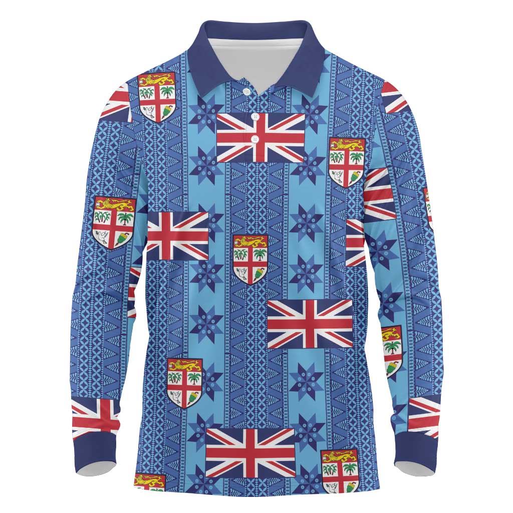 Fiji Masi Tapa Long Sleeve Polo Shirt Coat Of Arms LT05 Blue - Polynesian Pride