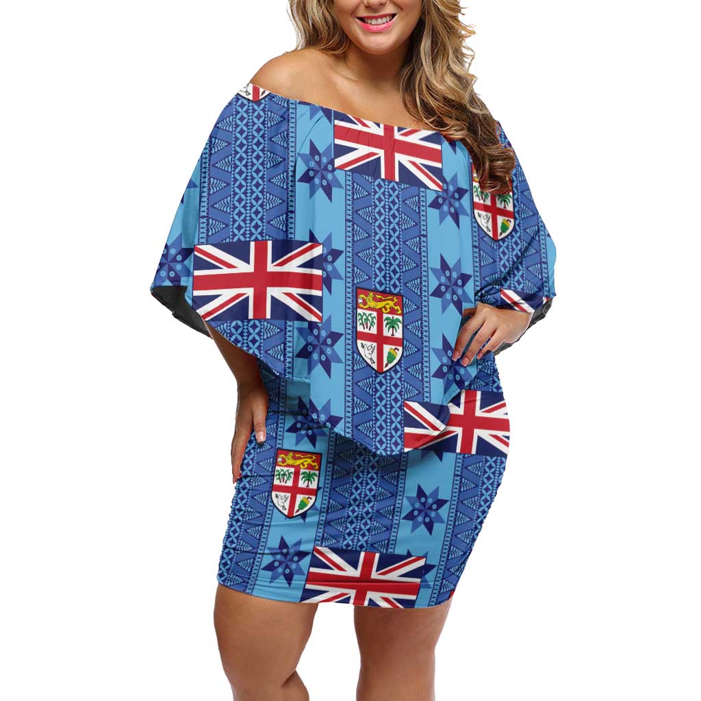 Fiji Masi Tapa Off Shoulder Short Dress Coat Of Arms - Polynesian Pride