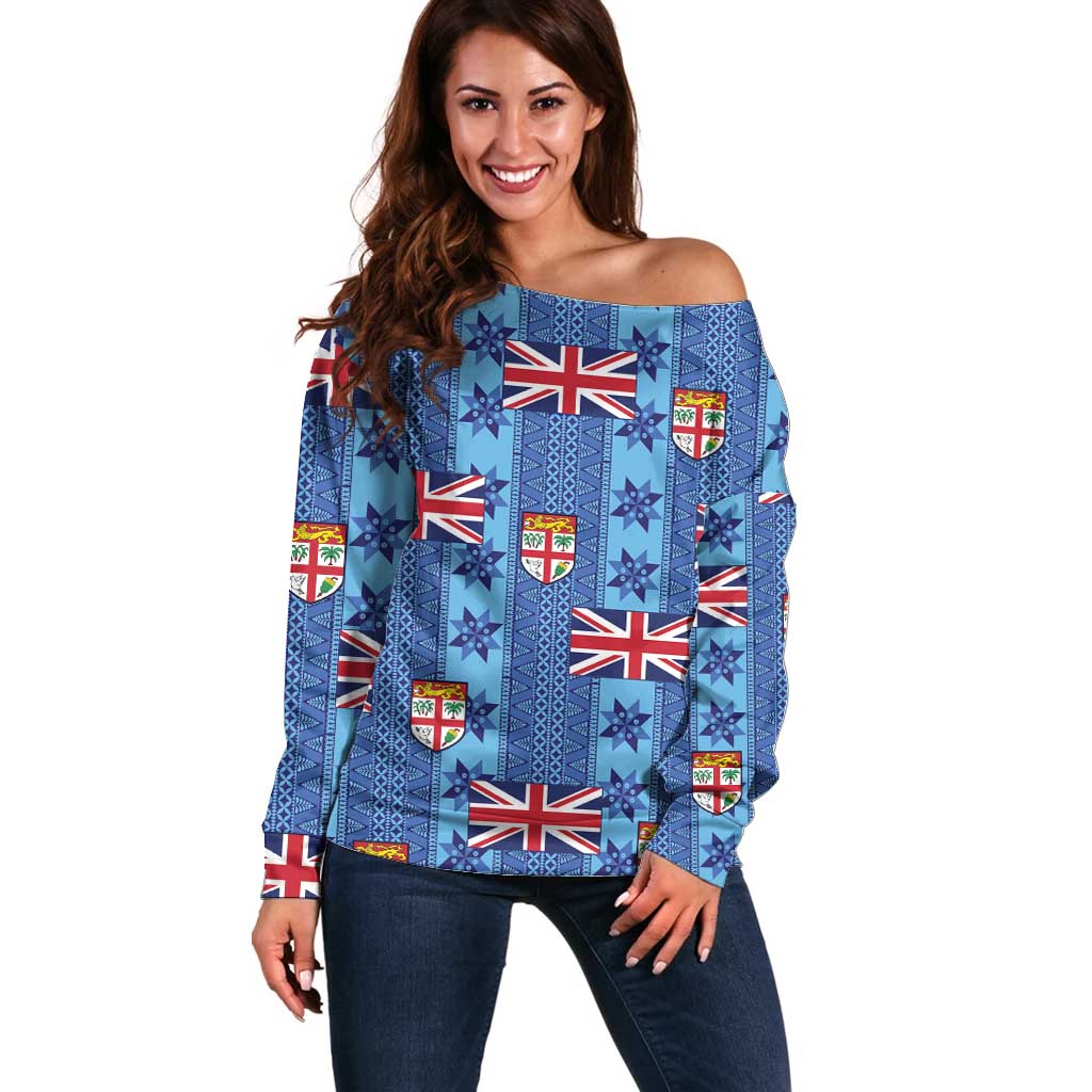 Fiji Masi Tapa Off Shoulder Sweater Coat Of Arms - Polynesian Pride