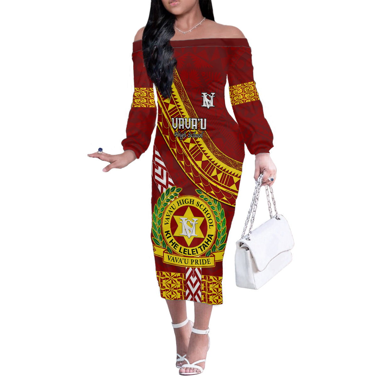 Custom Vavau High School Family Matching Off Shoulder Long Sleeve Dress and Hawaiian Shirt Tongan Kupesi Pattern LT05 Mom's Dress Red - Polynesian Pride
