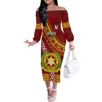 Custom Vavau High School Family Matching Off Shoulder Long Sleeve Dress and Hawaiian Shirt Tongan Kupesi Pattern LT05 Mom's Dress Red - Polynesian Pride