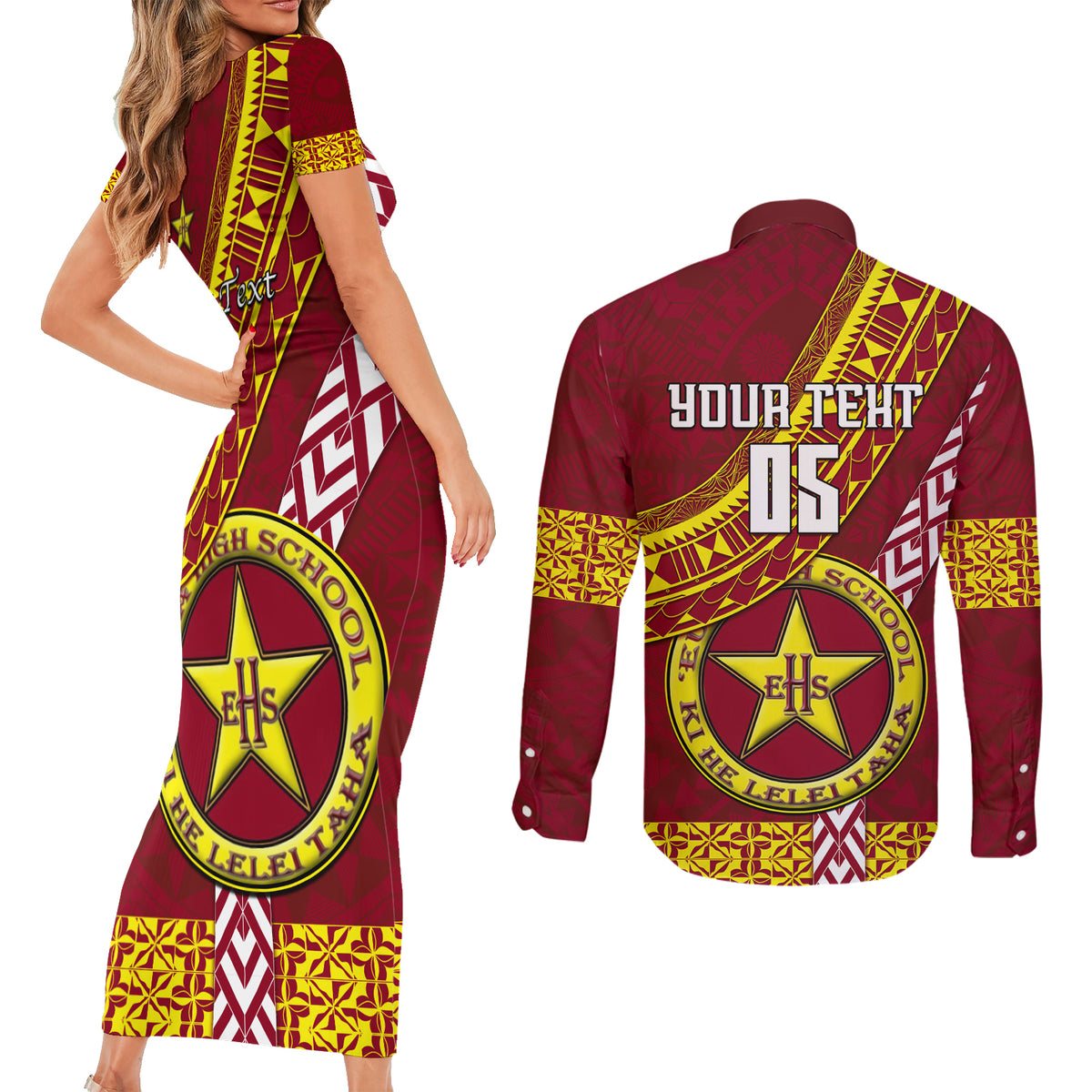 custom-eua-high-school-couples-matching-short-sleeve-bodycon-dress-and-long-sleeve-button-shirts-tongan-kupesi-pattern