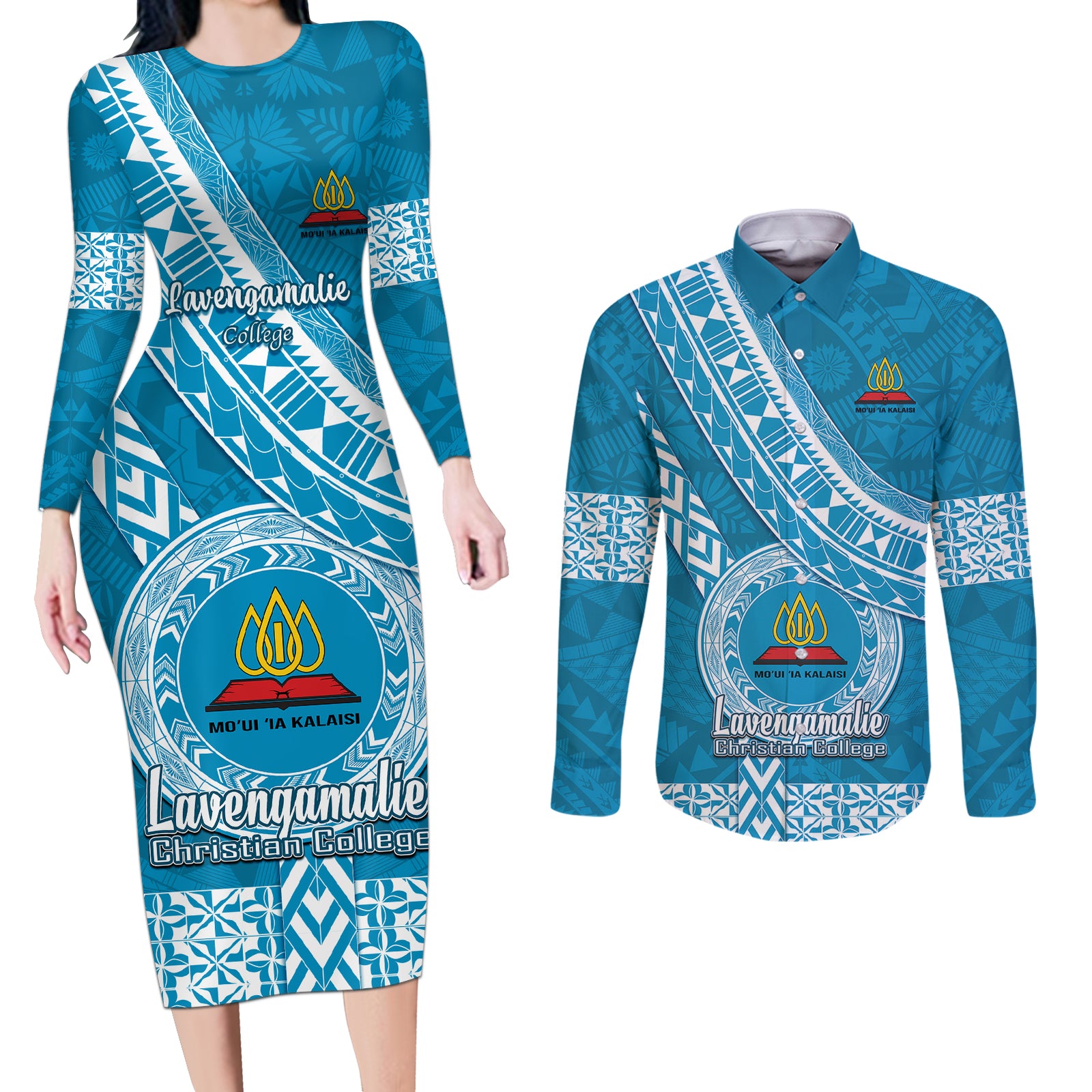 custom-lavengamalie-college-couples-matching-long-sleeve-bodycon-dress-and-long-sleeve-button-shirts-tongan-kupesi-pattern