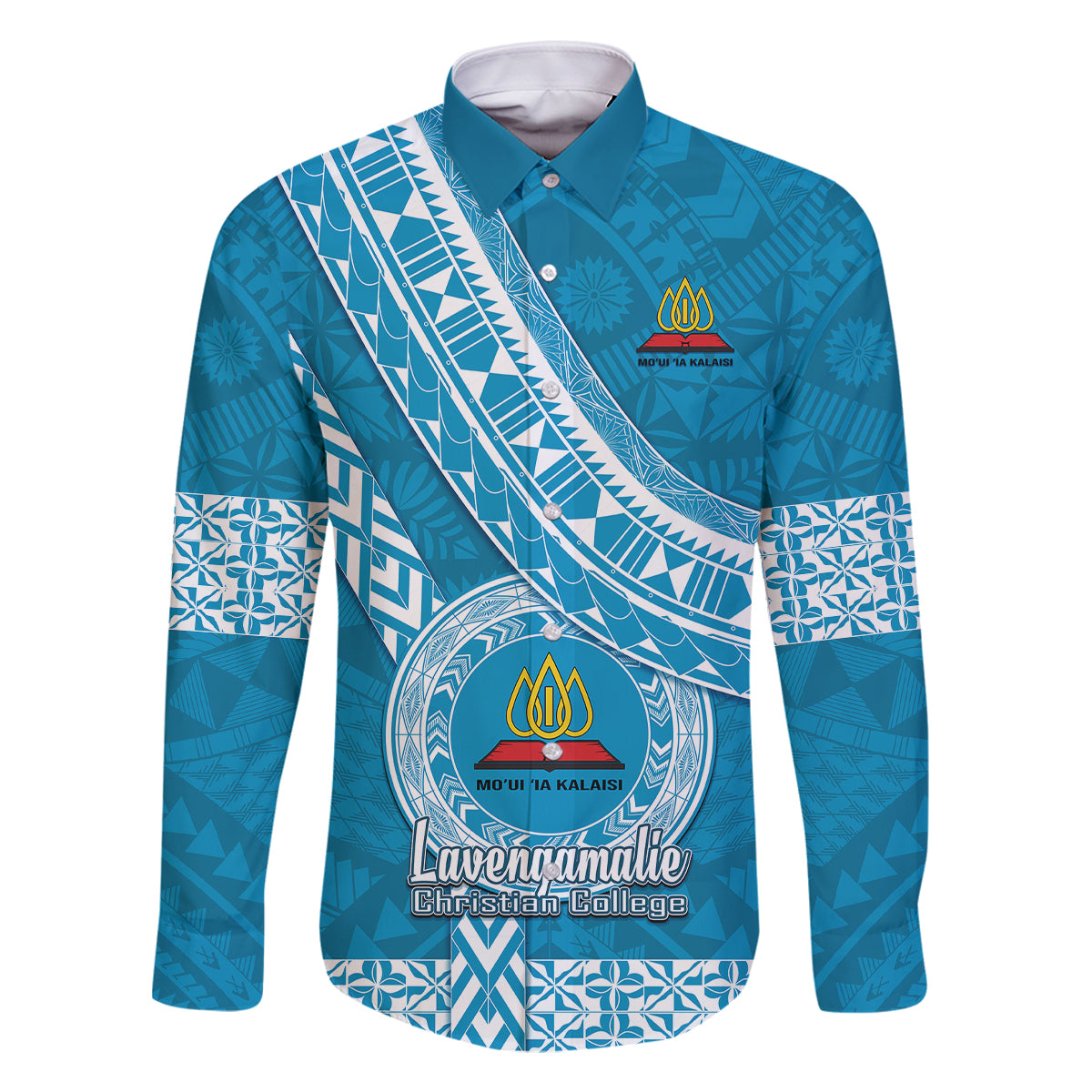 Custom Lavengamalie College Family Matching Tank Maxi Dress and Hawaiian Shirt Tongan Kupesi Pattern LT05 Dad's Shirt - Long Sleeve Blue - Polynesian Pride