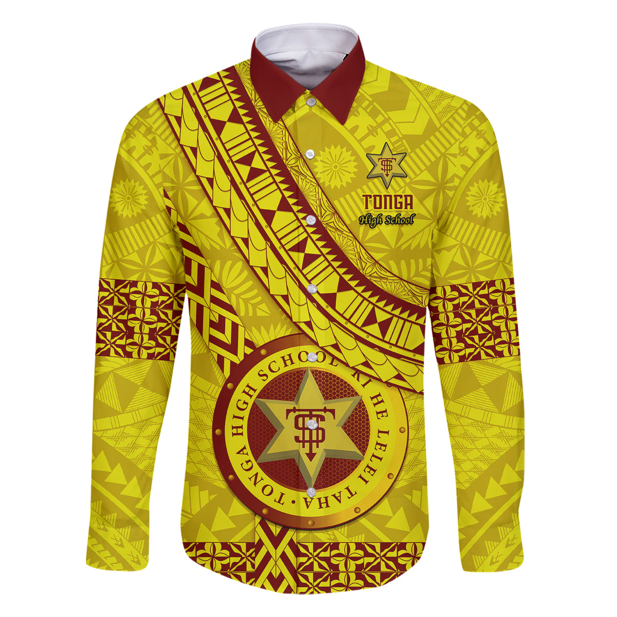 Custom Tonga High School Family Matching Long Sleeve Bodycon Dress and Hawaiian Shirt Tongan Kupesi Pattern LT05 Dad's Shirt - Long Sleeve Yellow - Polynesian Pride
