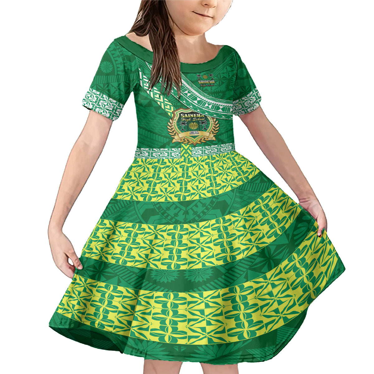Custom Saineha High School Family Matching Mermaid Dress and Hawaiian Shirt Tongan Kupesi Pattern LT05 Daughter's Dress Green - Polynesian Pride