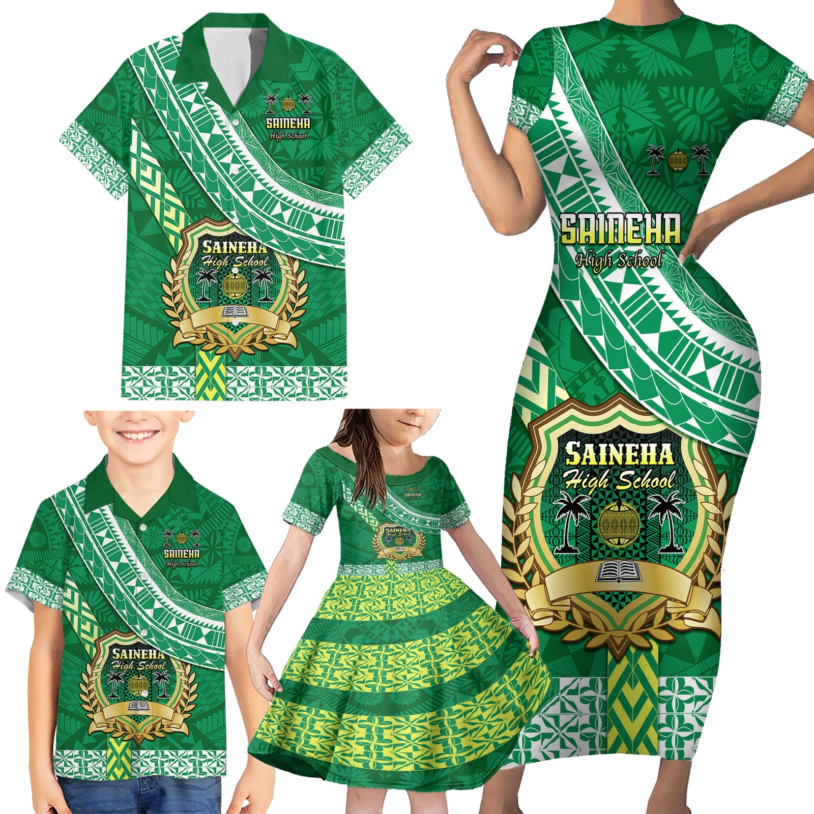 Custom Saineha High School Family Matching Short Sleeve Bodycon Dress and Hawaiian Shirt Tongan Kupesi Pattern LT05 - Polynesian Pride