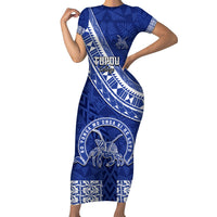 Custom Tupou College Family Matching Short Sleeve Bodycon Dress and Hawaiian Shirt Tongan Kupesi Pattern LT05 Mom's Dress Blue - Polynesian Pride