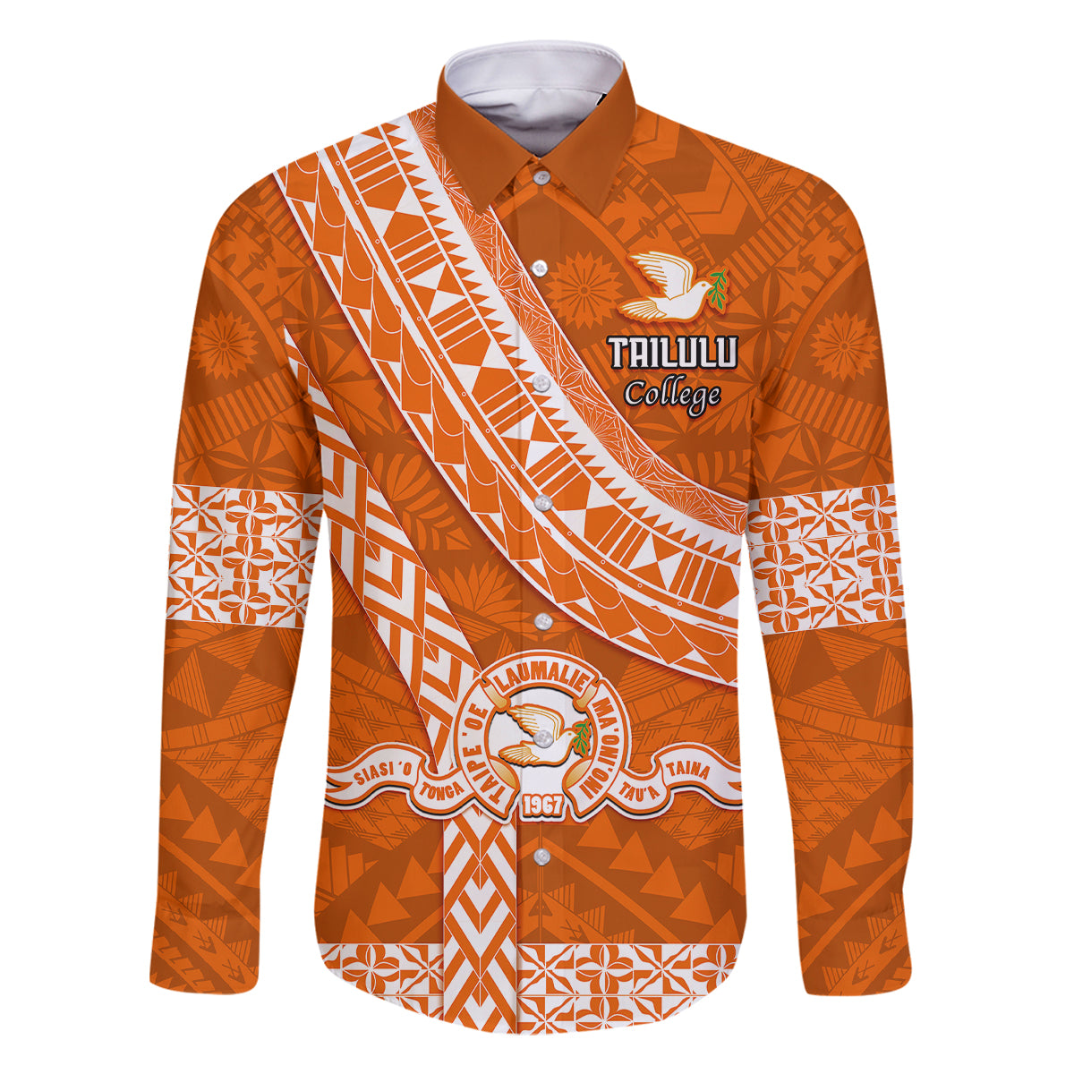 Custom Tailulu College Family Matching Long Sleeve Bodycon Dress and Hawaiian Shirt Tongan Kupesi Pattern LT05 Dad's Shirt - Long Sleeve Orange - Polynesian Pride