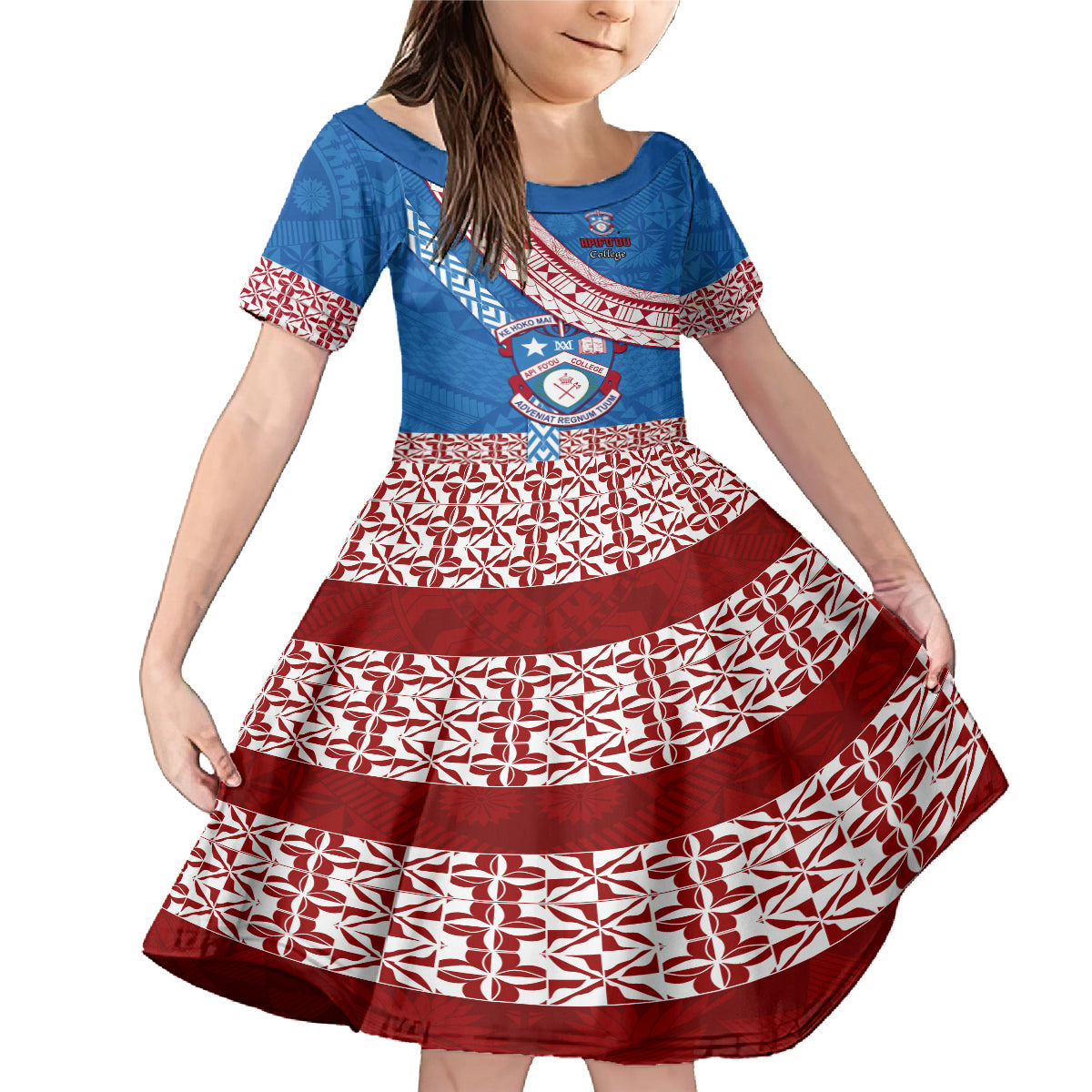 Custom Apifoou College Family Matching Mermaid Dress and Hawaiian Shirt Tongan Kupesi Pattern LT05 Daughter's Dress Blue - Polynesian Pride