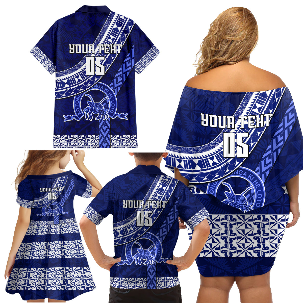 Custom Queen Salote College Family Matching Off Shoulder Short Dress and Hawaiian Shirt Tongan Kupesi Pattern LT05 - Polynesian Pride