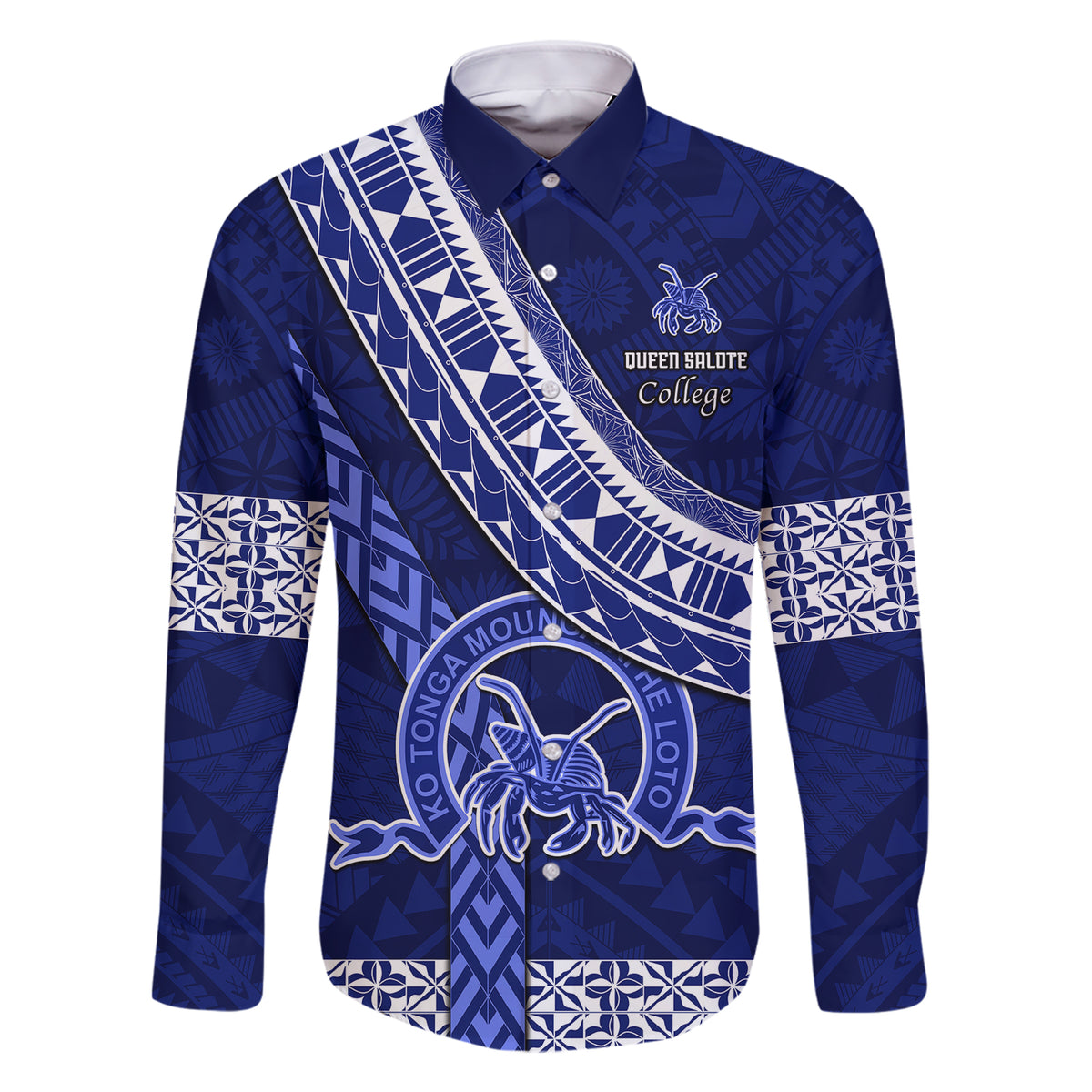 Custom Queen Salote College Family Matching Short Sleeve Bodycon Dress and Hawaiian Shirt Tongan Kupesi Pattern LT05 Dad's Shirt - Long Sleeve Blue - Polynesian Pride