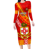 Custom Kolisi Tonga Family Matching Long Sleeve Bodycon Dress and Hawaiian Shirt Tongan Kupesi Pattern LT05 Mom's Dress Red - Polynesian Pride