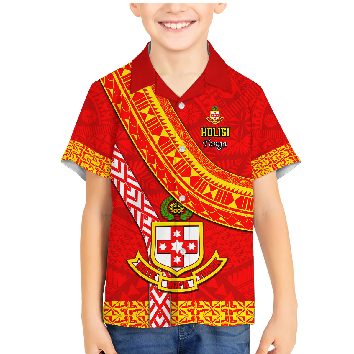 Custom Kolisi Tonga Family Matching Mermaid Dress and Hawaiian Shirt Tongan Kupesi Pattern LT05 Son's Shirt Red - Polynesian Pride
