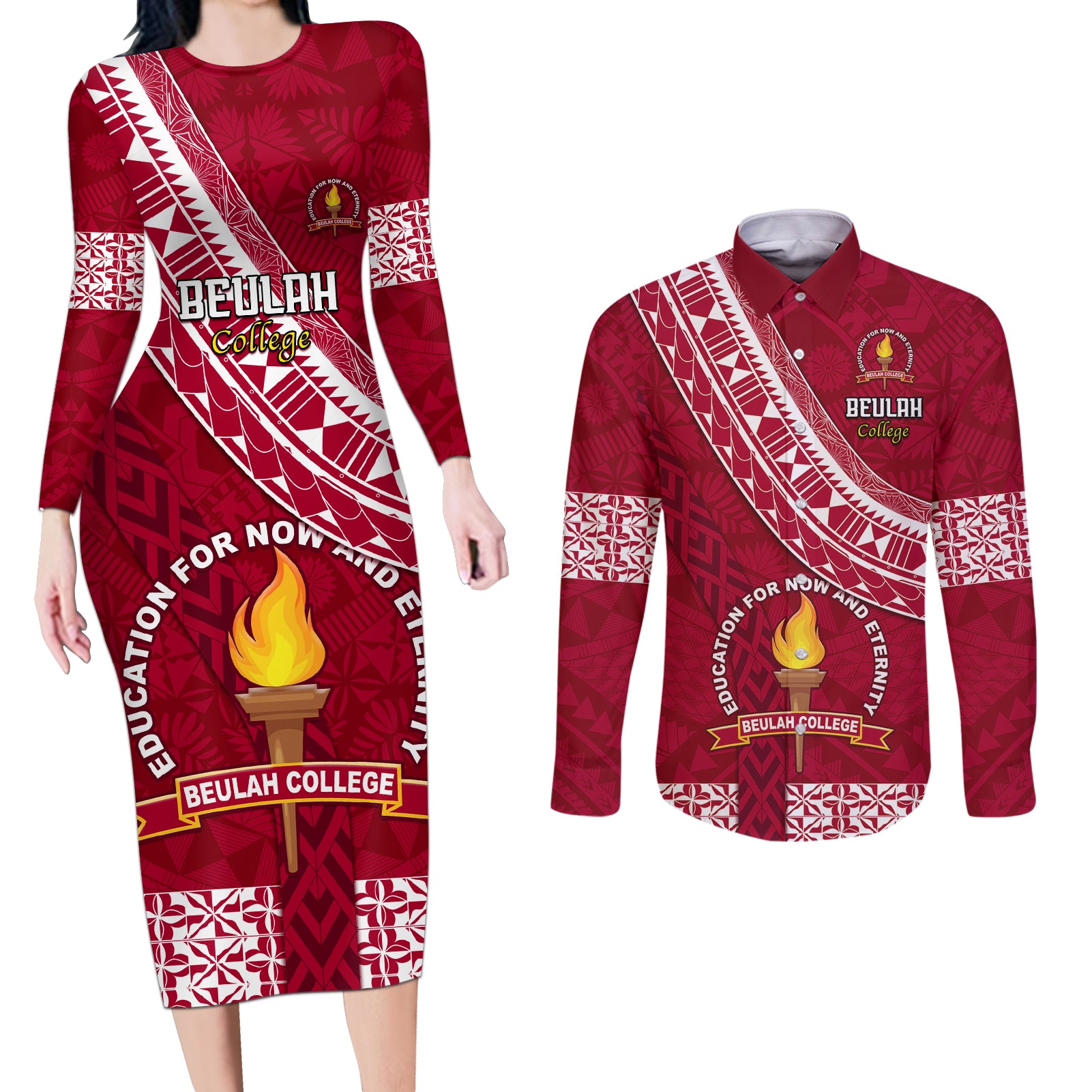 custom-beulah-college-couples-matching-long-sleeve-bodycon-dress-and-long-sleeve-button-shirts-tongan-kupesi-pattern