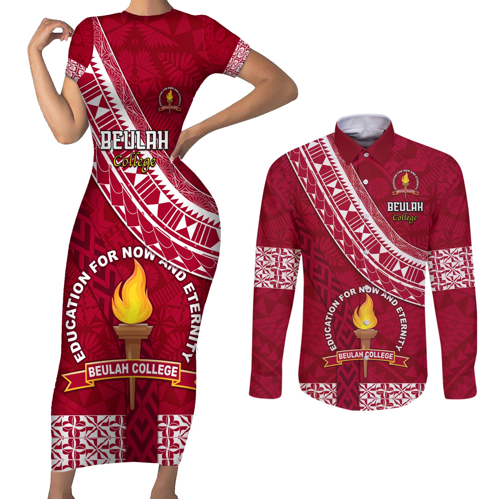 custom-beulah-college-couples-matching-short-sleeve-bodycon-dress-and-long-sleeve-button-shirts-tongan-kupesi-pattern