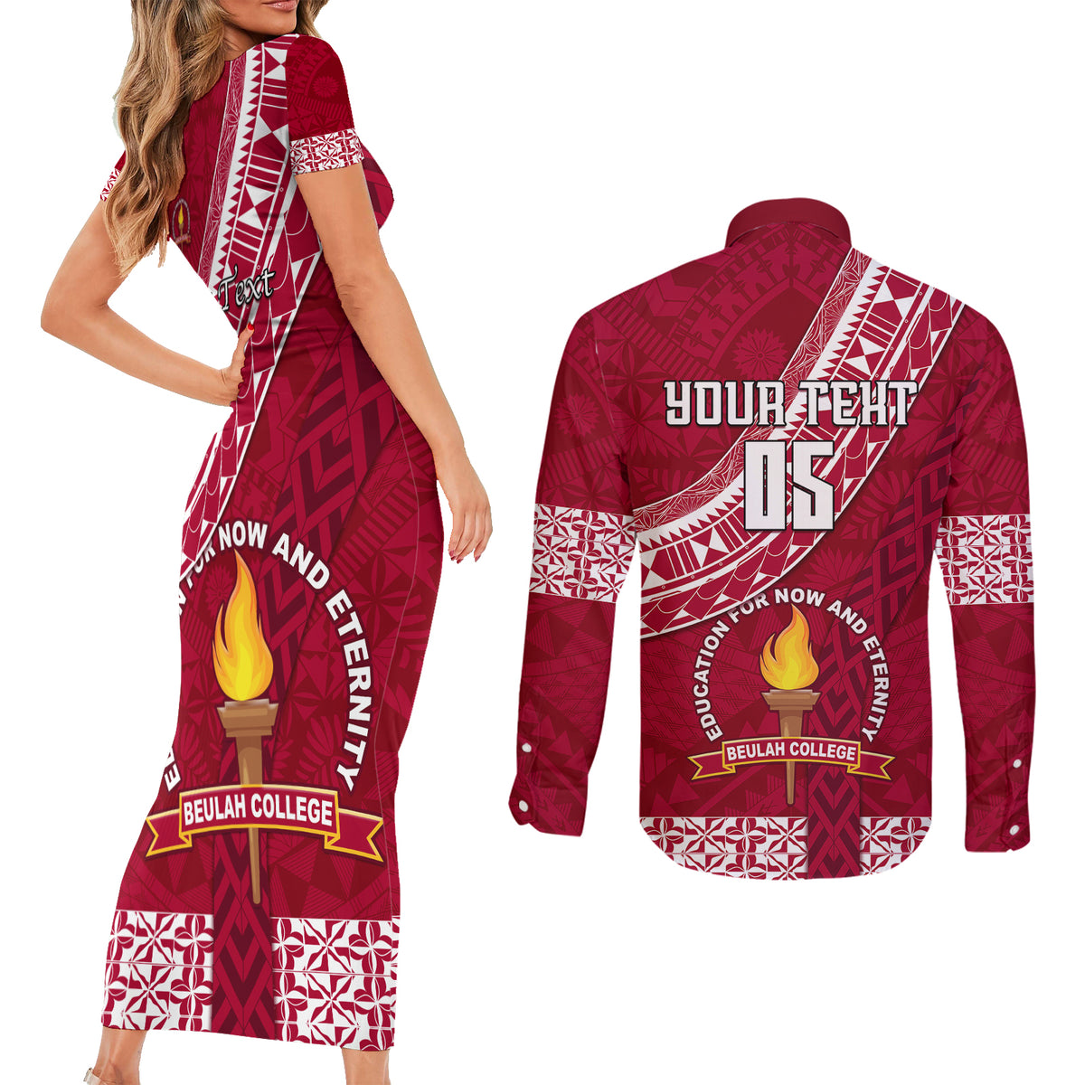 custom-beulah-college-couples-matching-short-sleeve-bodycon-dress-and-long-sleeve-button-shirts-tongan-kupesi-pattern