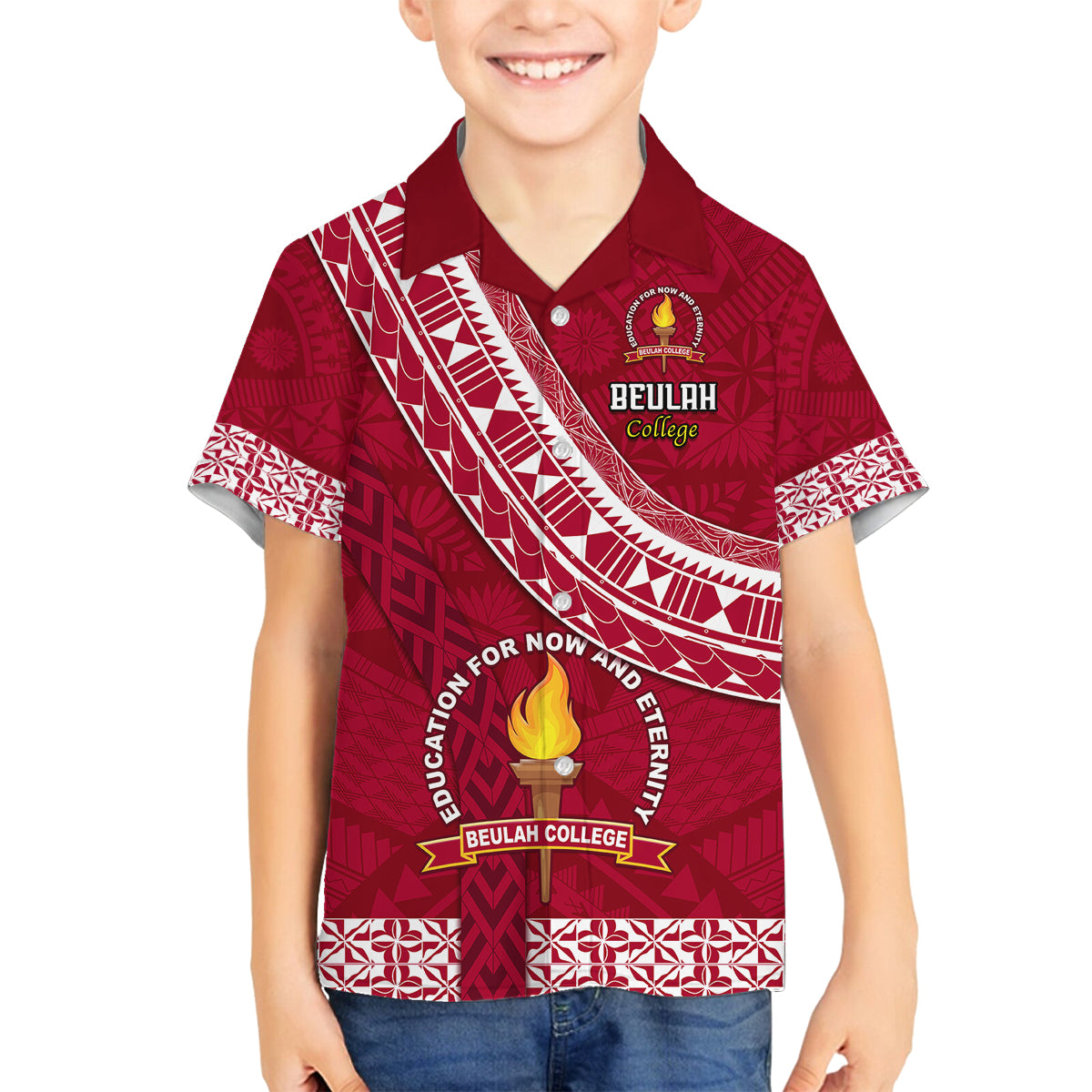 Custom Beulah College Family Matching Puletasi Dress and Hawaiian Shirt Tongan Kupesi Pattern LT05 Son's Shirt Red - Polynesian Pride