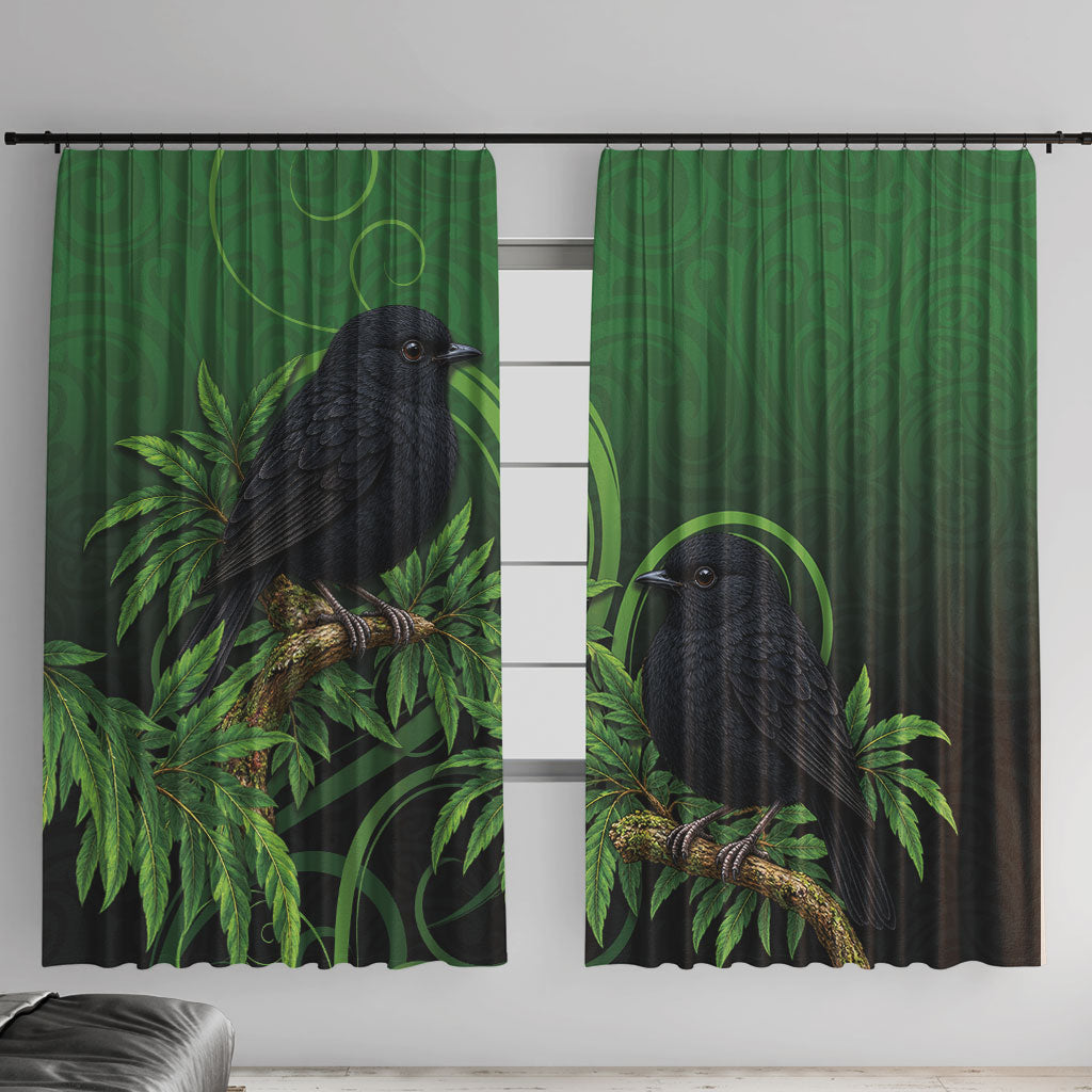 New Zealand Black Robin Window Curtain Karure Maori Koru Art Tattoo LT05 With Hooks Green - Polynesian Pride