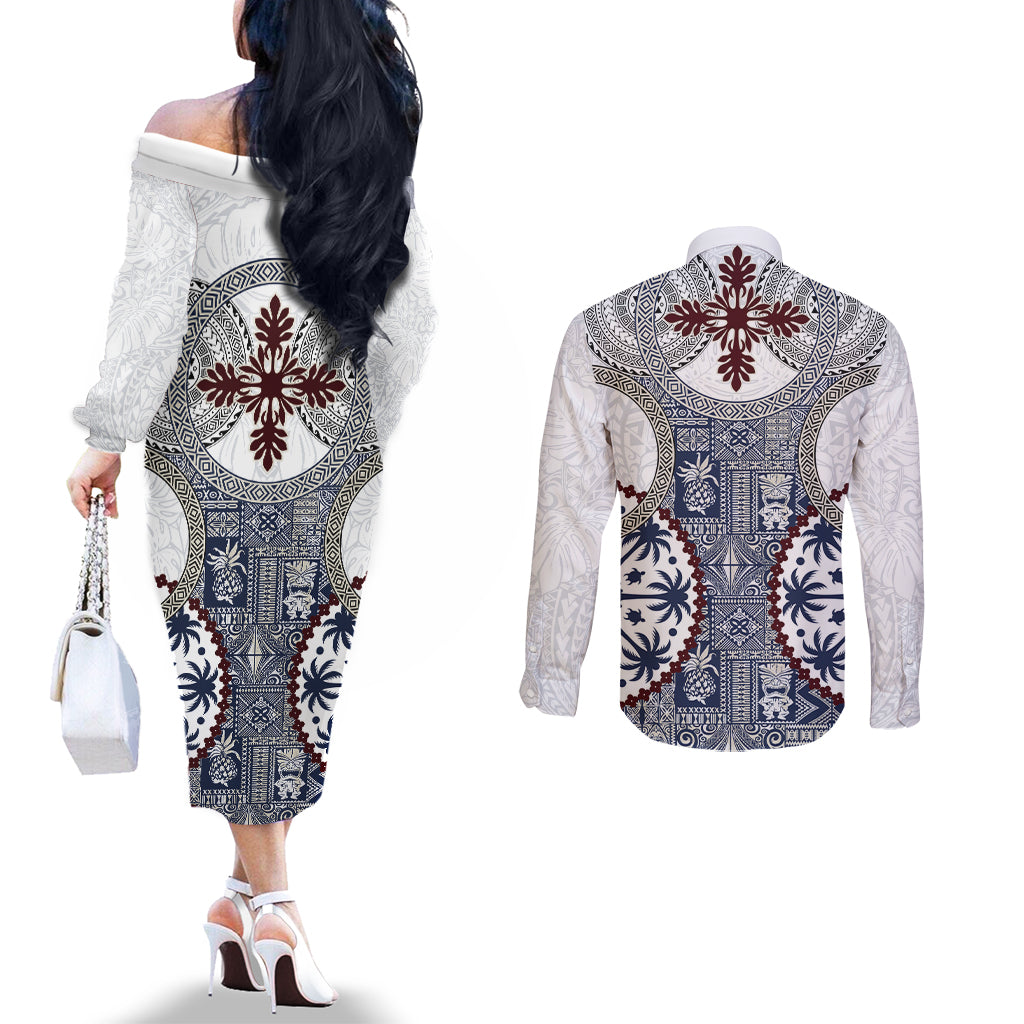 Hawaii Couples Matching Off The Shoulder Long Sleeve Dress and Long Sleeve Button Shirt Barkcloth Pattern Vintage Style LT05 - Polynesian Pride