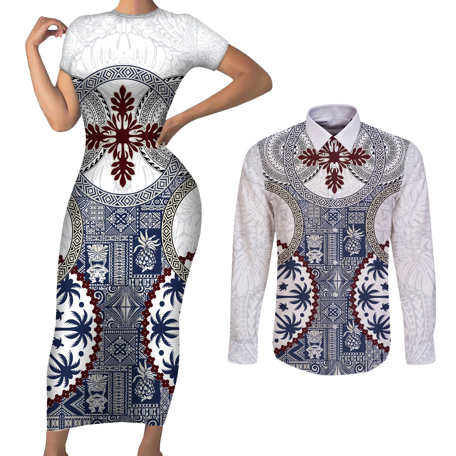 Hawaii Couples Matching Short Sleeve Bodycon Dress and Long Sleeve Button Shirt Barkcloth Pattern Vintage Style LT05 Blue - Polynesian Pride