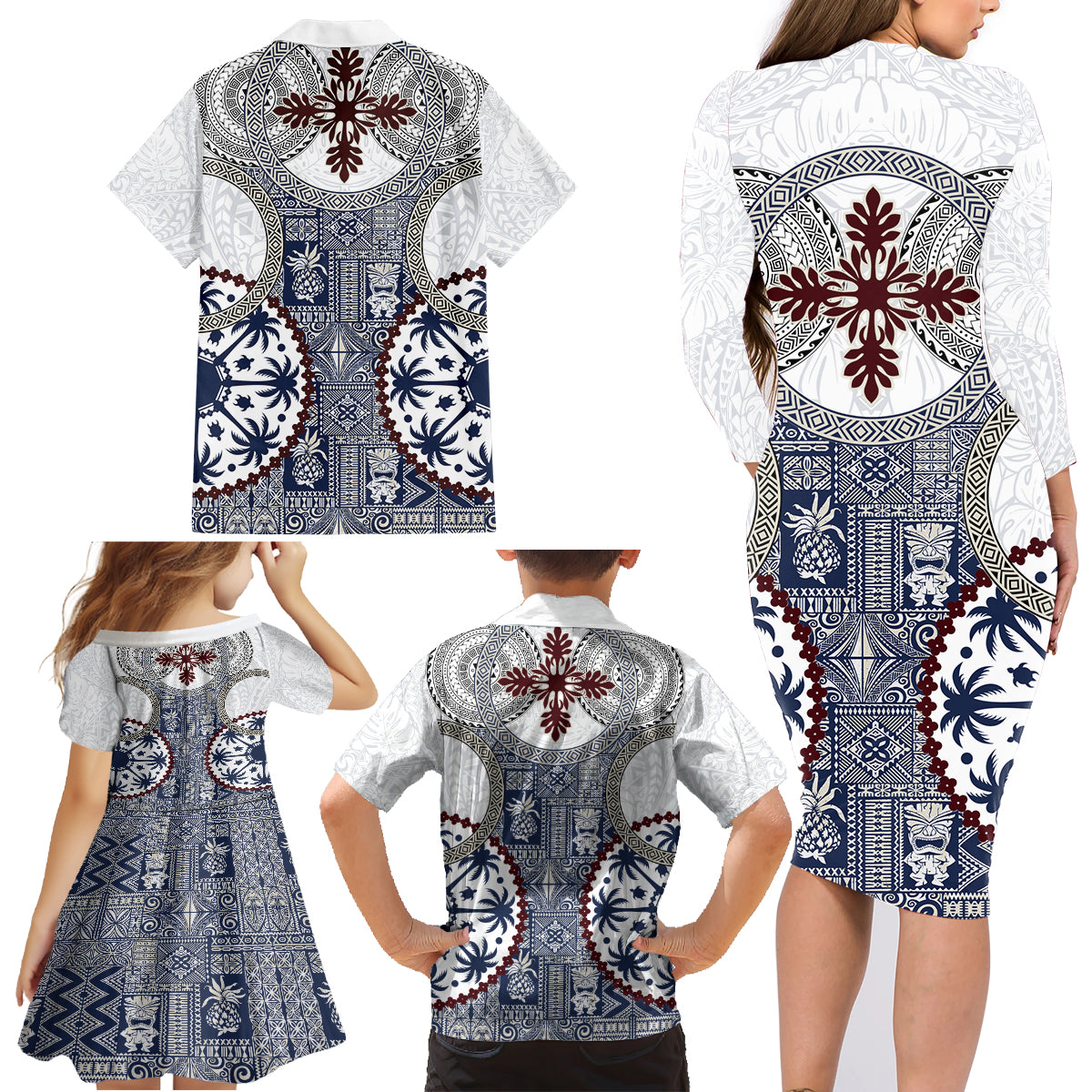 Hawaii Family Matching Long Sleeve Bodycon Dress and Hawaiian Shirt Barkcloth Pattern Vintage Style LT05 - Polynesian Pride